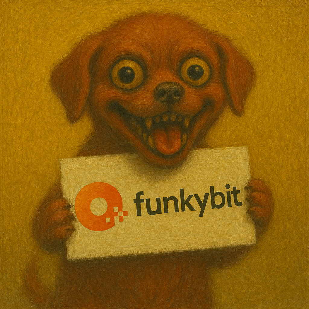 Creepy dog holding funkybit sign