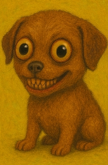 Wide-eyed puppy with teeth
